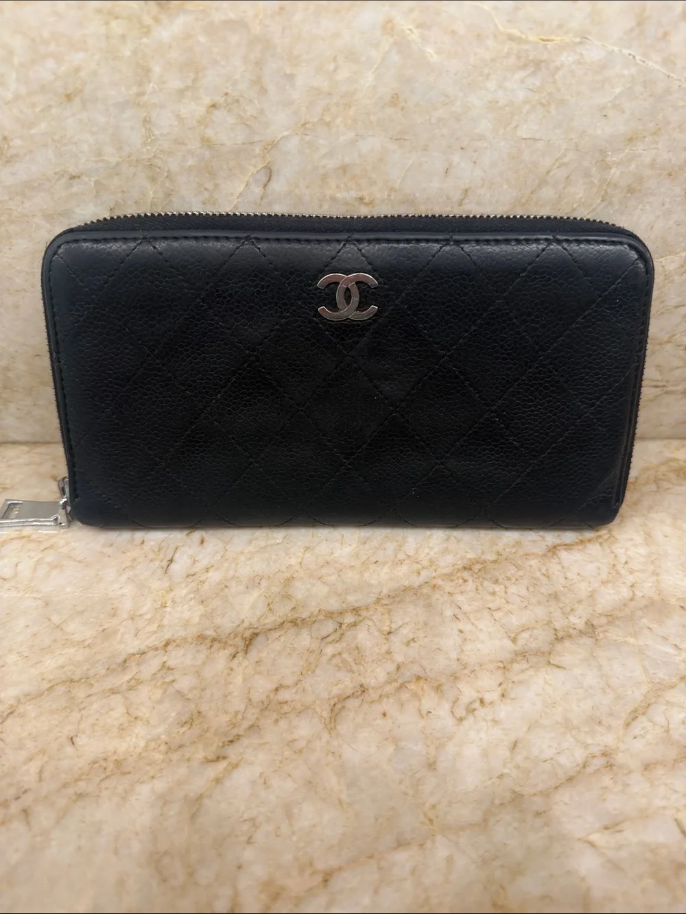 CHANEL Black Quilted Zip Wallet with Silver CC Hardware